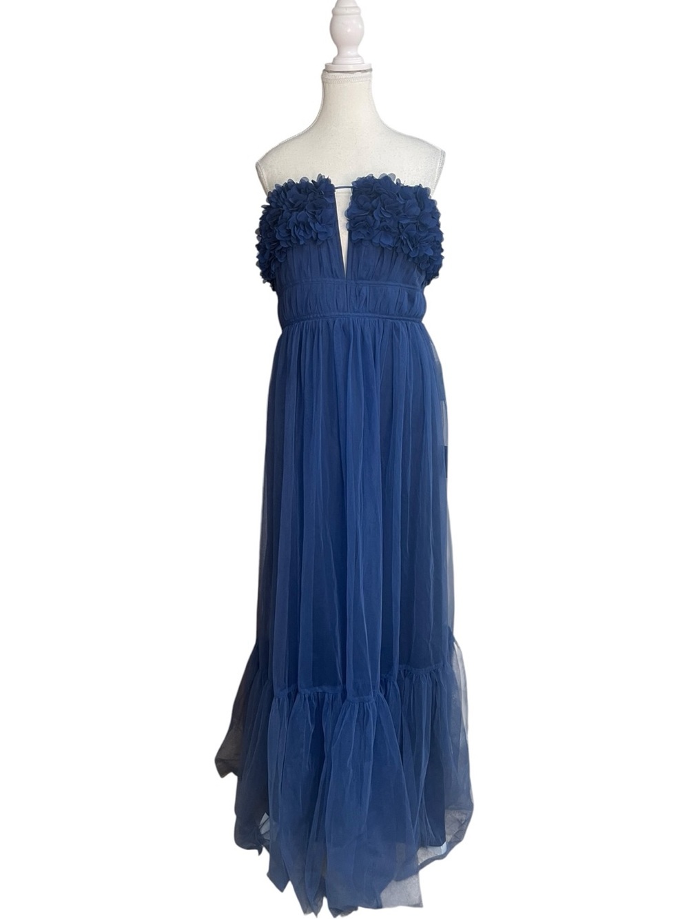 Lulus Chic Spectacle 3D Applique Strapless Tulle Maxi Dress Navy Blue